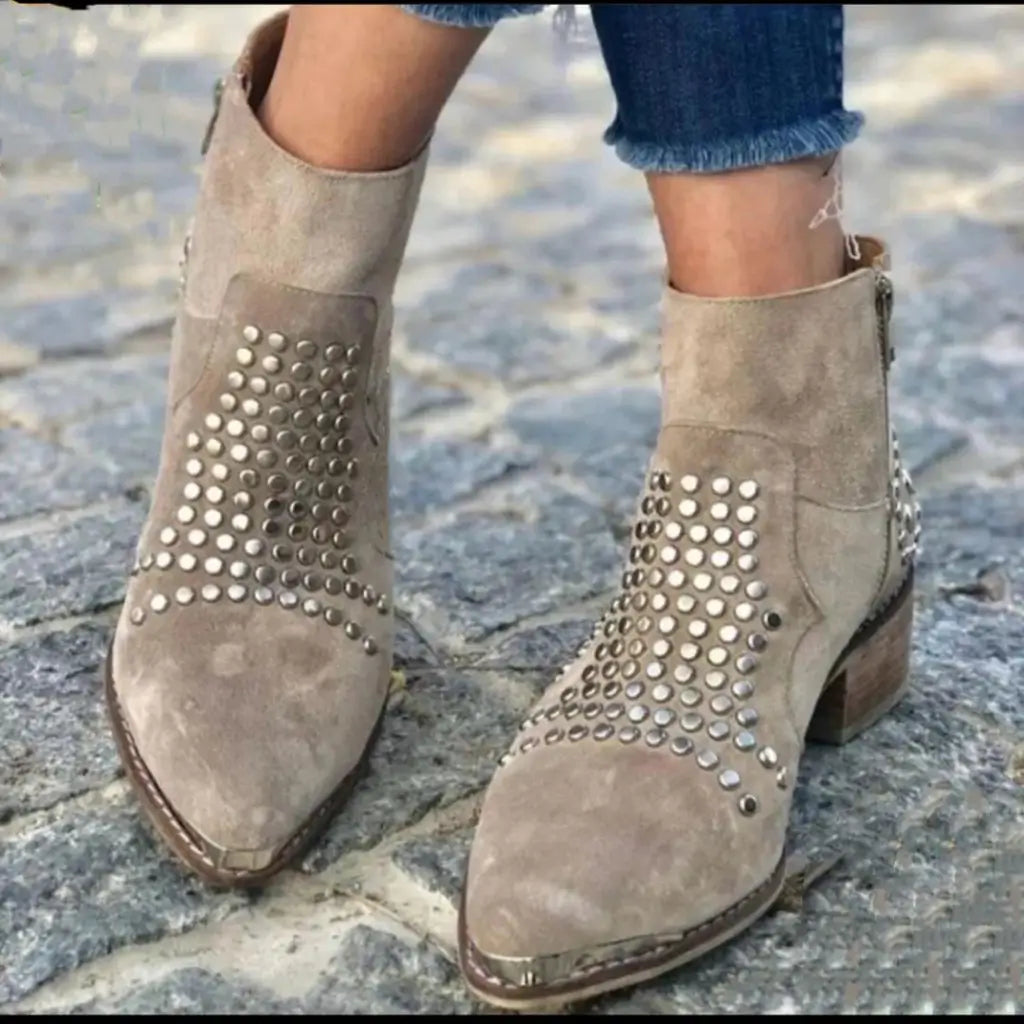 Demi | Women's Studded Ankle Boots Beige Block Heel
