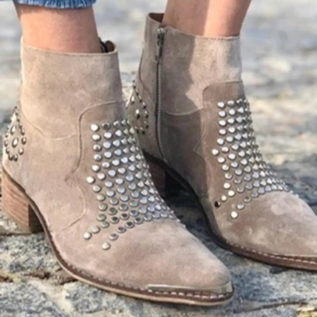 Demi | Women's Studded Ankle Boots Beige Block Heel