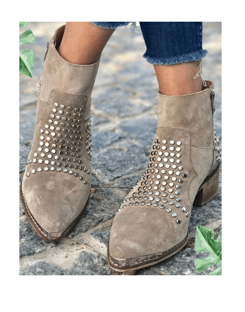 Demi | Women's Studded Ankle Boots Beige Block Heel