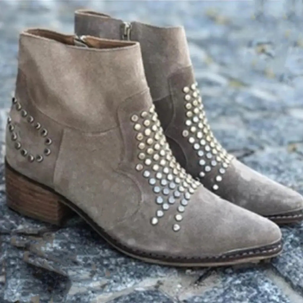 Demi | Women's Studded Ankle Boots Beige Block Heel