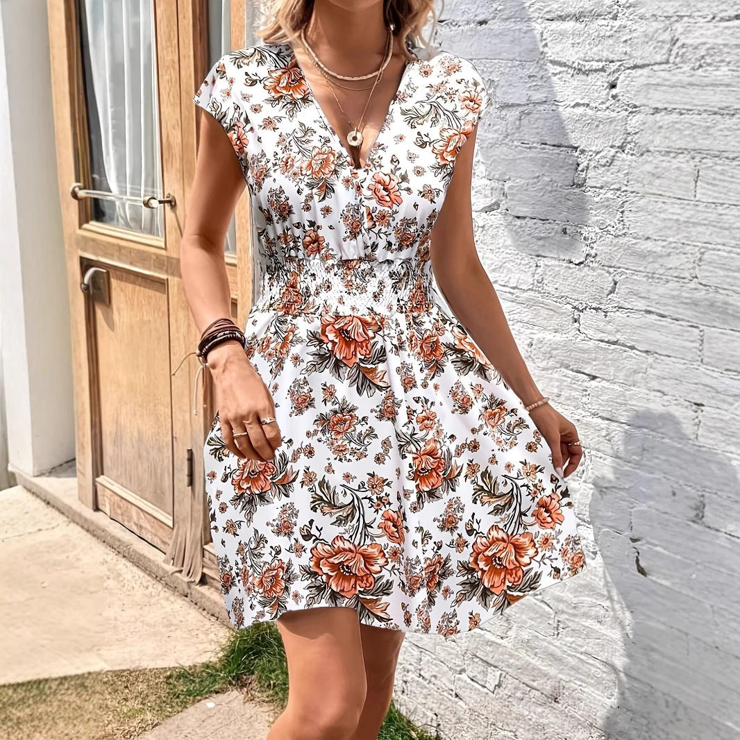 Faye | Women's Floral A Line Dress White Black Short Sleeve