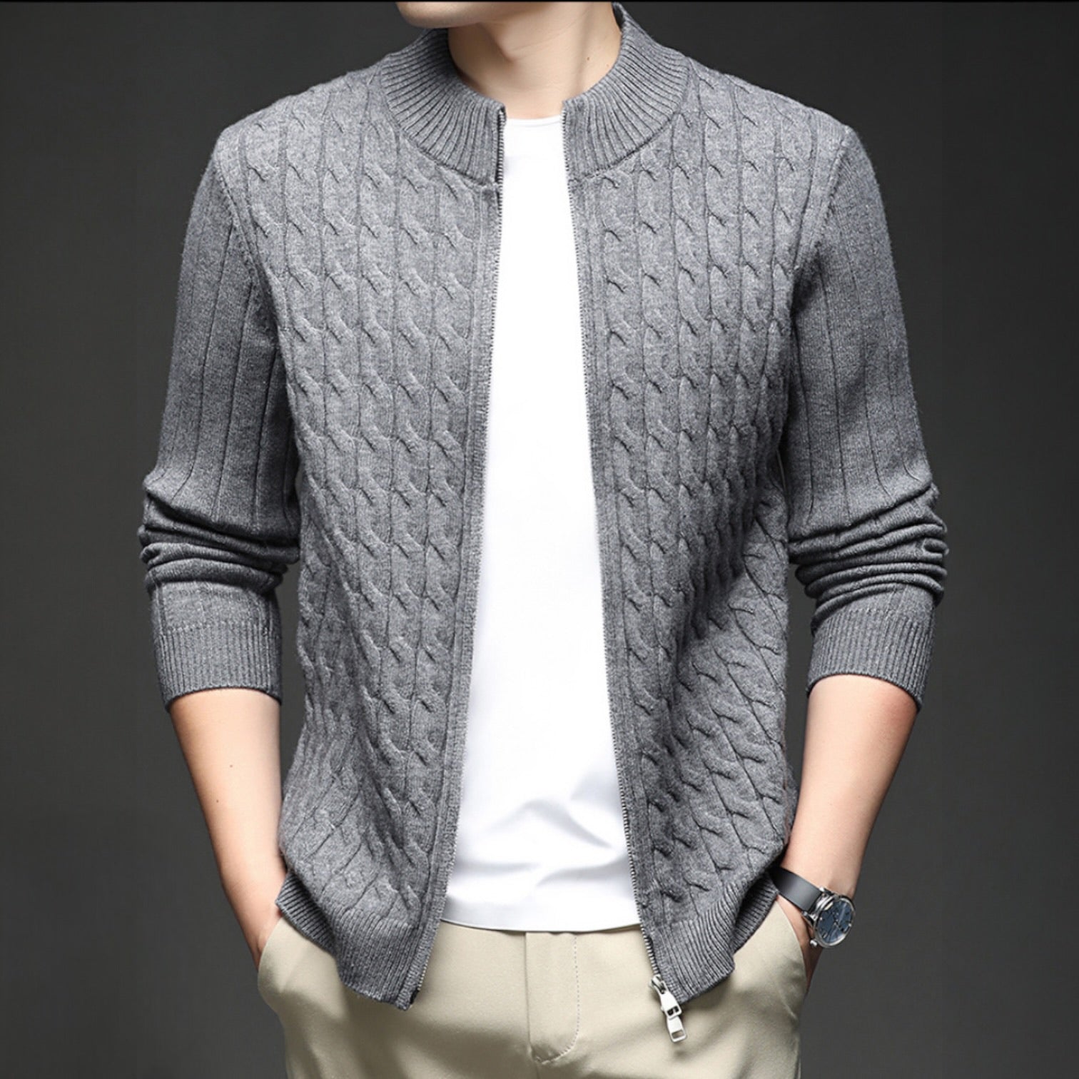 Voss | Men's Cable Knit Zip Cardigan Brown