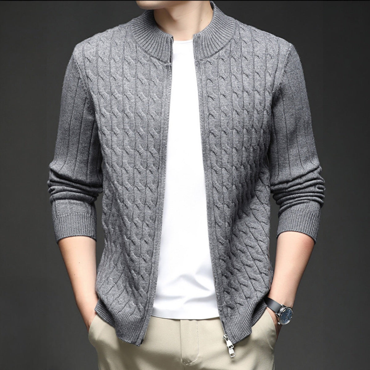 Dama Washington Voss men's cable knit zip cardigan brown - view 7