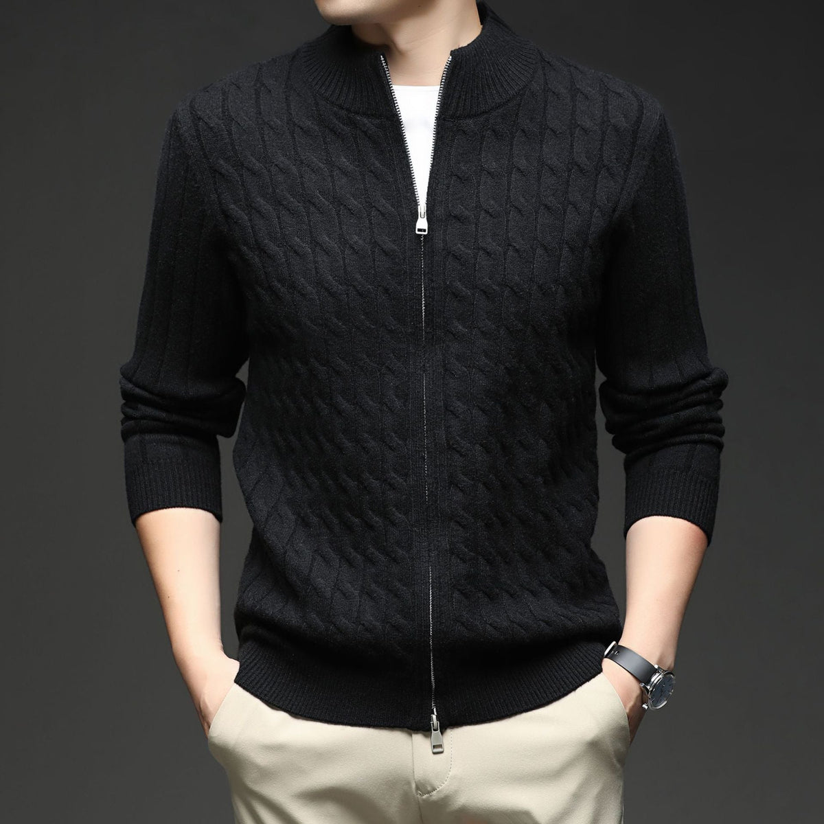 Dama Washington Voss men's cable knit zip cardigan brown - view 4