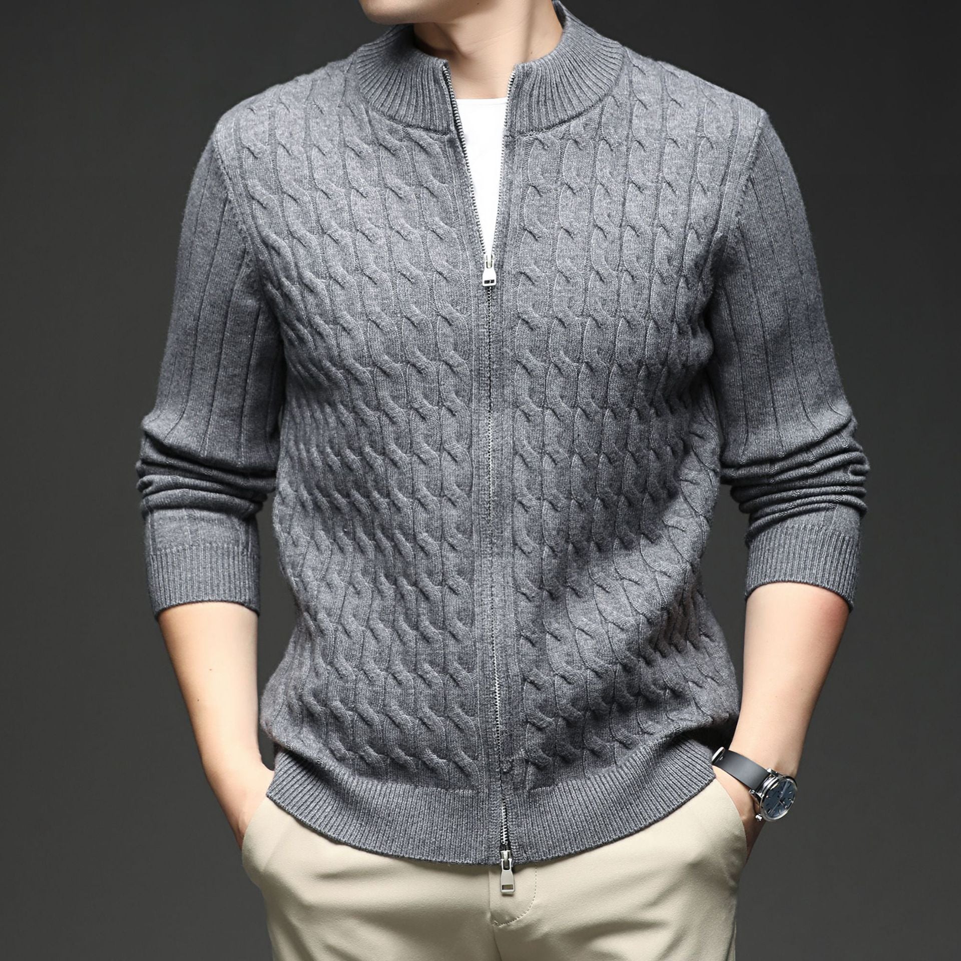 Voss | Men's Cable Knit Zip Cardigan Brown