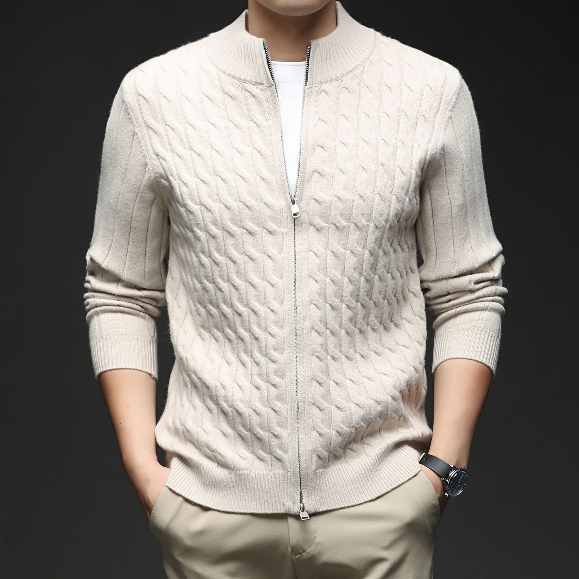 Voss | Men's Cable Knit Zip Cardigan Brown