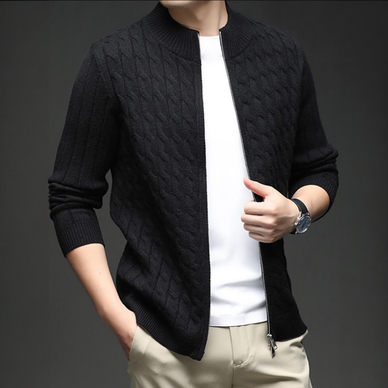 Voss | Men's Cable Knit Zip Cardigan Brown