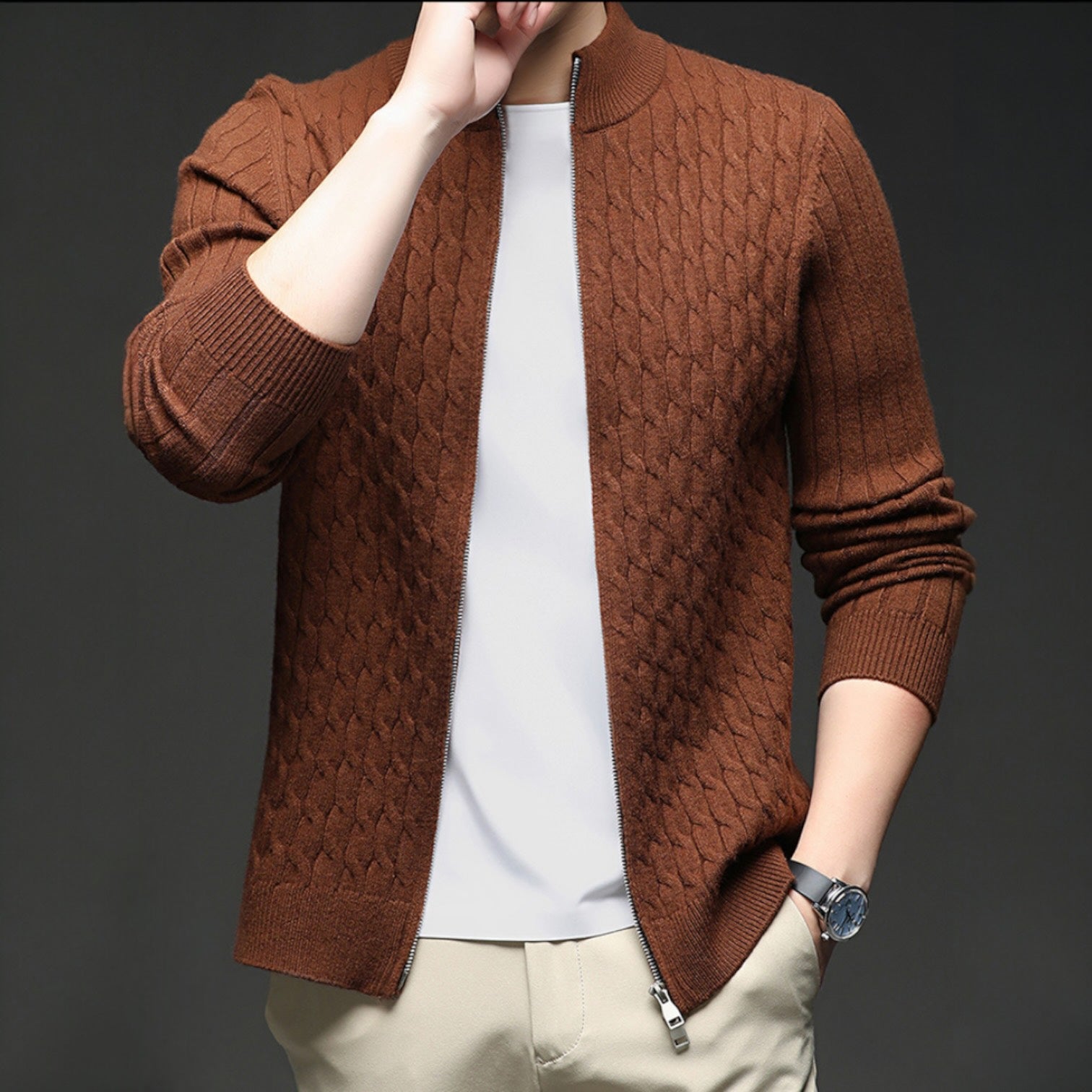 Voss | Men's Cable Knit Zip Cardigan Brown