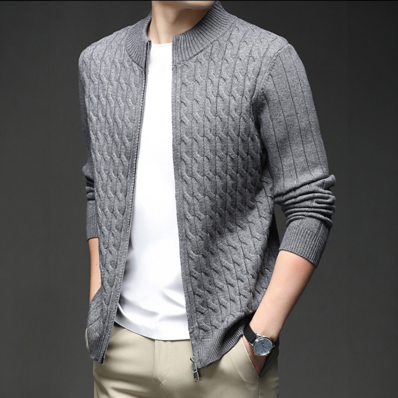 Voss | Men's Cable Knit Zip Cardigan Brown