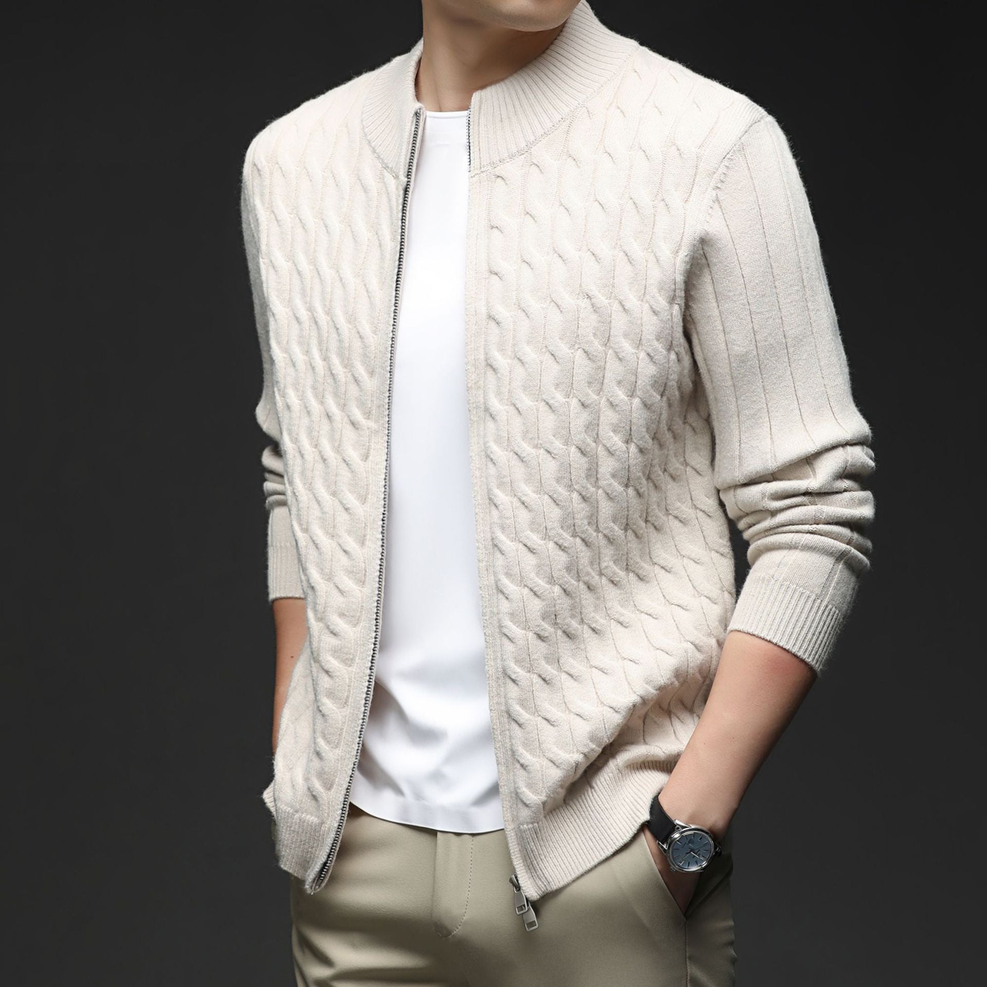 Voss | Men's Cable Knit Zip Cardigan Brown