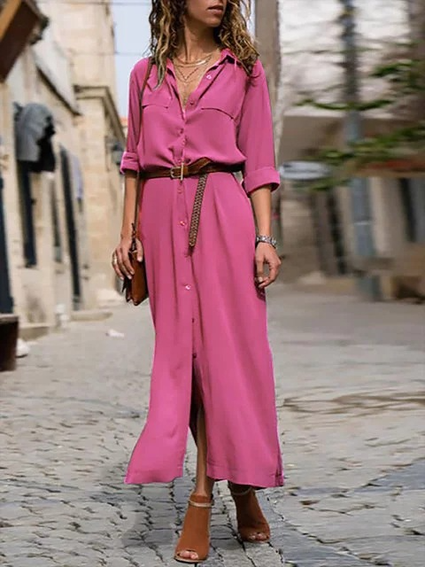Rosa | Women's Button Down Shirt Dress Orange Midi