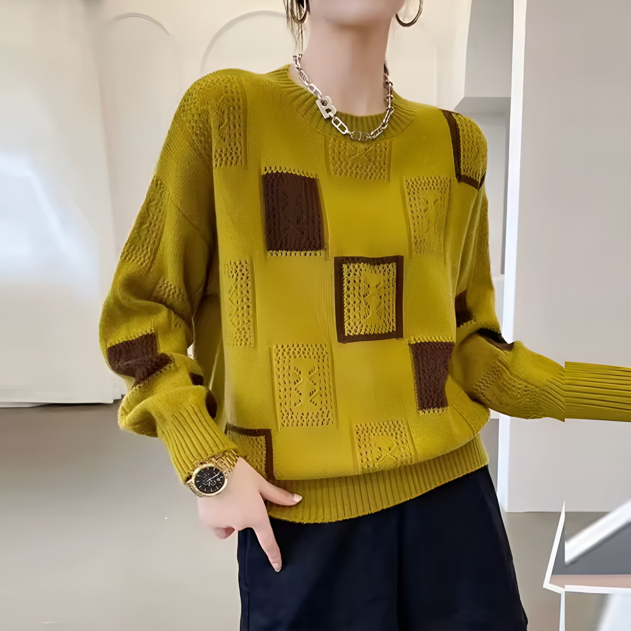 Vera | Women's Color Block Knit Sweater Cream Black