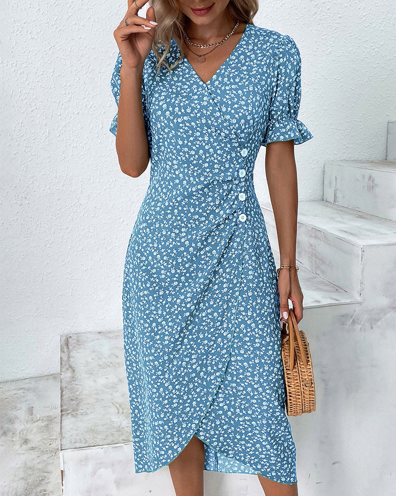 Rosa | Women's Floral Wrap Midi Dress Green Short Sleeve