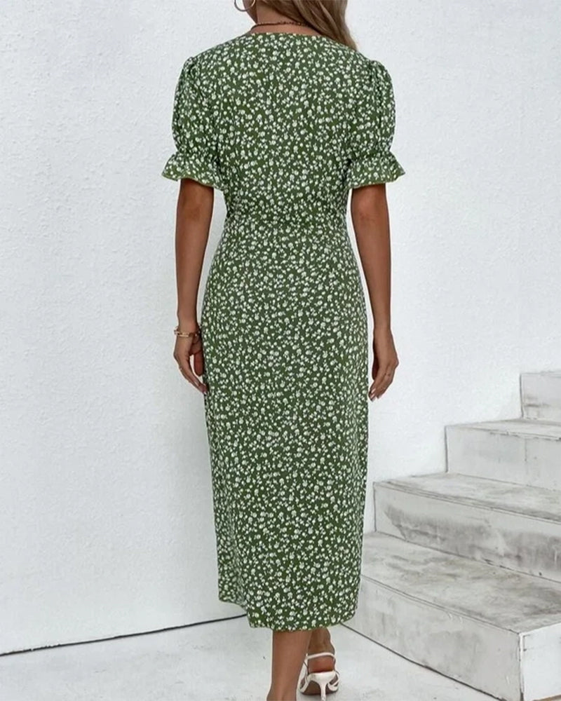 Rosa | Women's Floral Wrap Midi Dress Green Short Sleeve