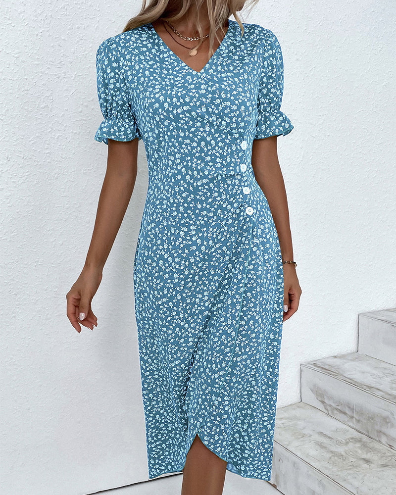 Rosa | Women's Floral Wrap Midi Dress Green Short Sleeve