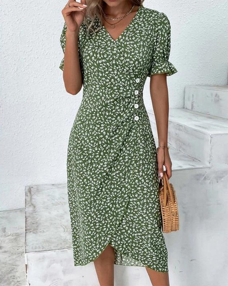 Rosa | Women's Floral Wrap Midi Dress Green Short Sleeve