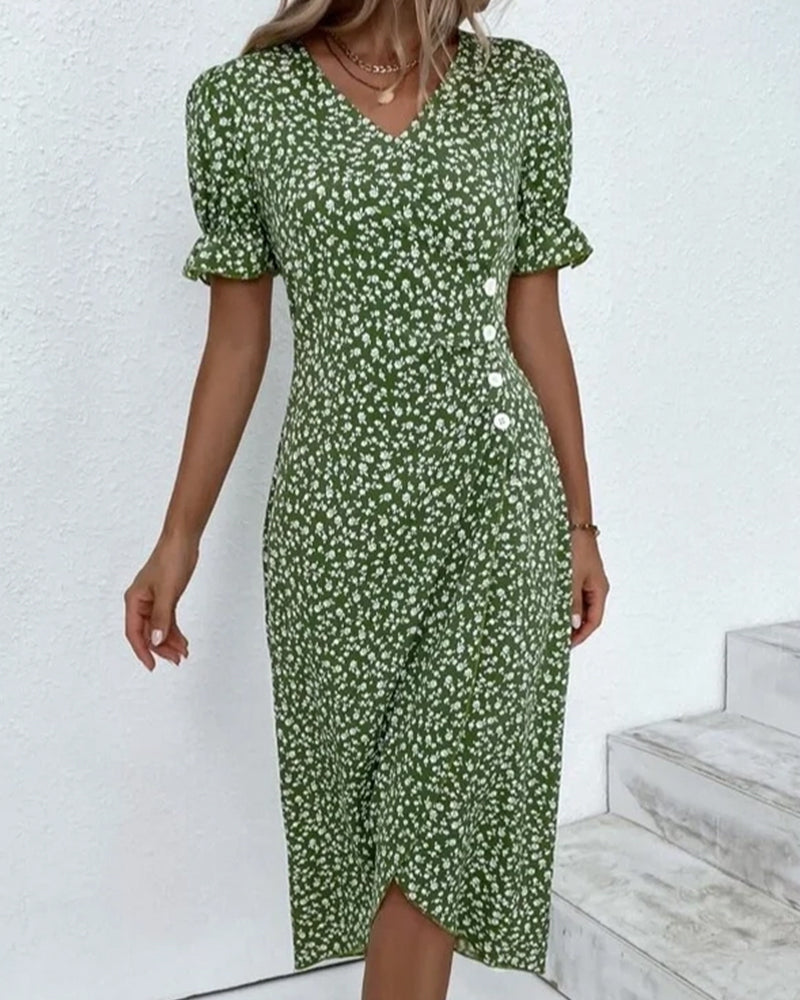 Rosa | Women's Floral Wrap Midi Dress Green Short Sleeve