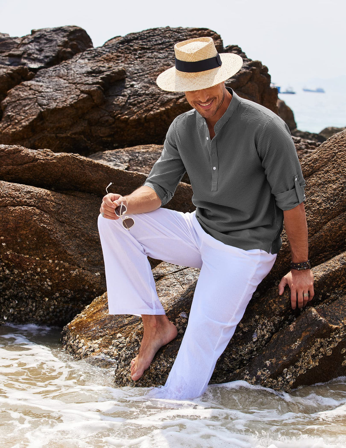Dama Washington Axel men's henley shirt light blue long sleeve cotton - view 10