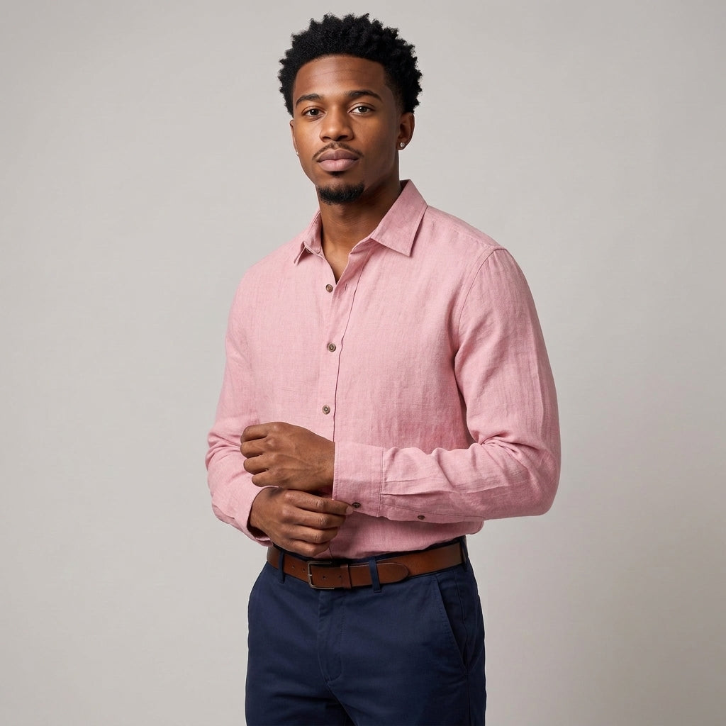 Dama Washington Sage long sleeve linen shirt Pink - model front view