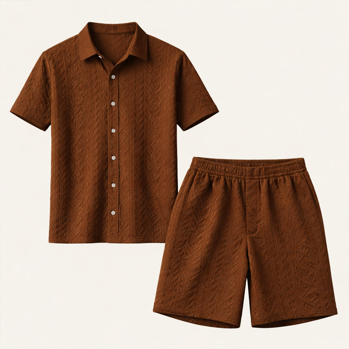 Kael | Men's Lounge Set Cream Textured Short Sleeve Button Up