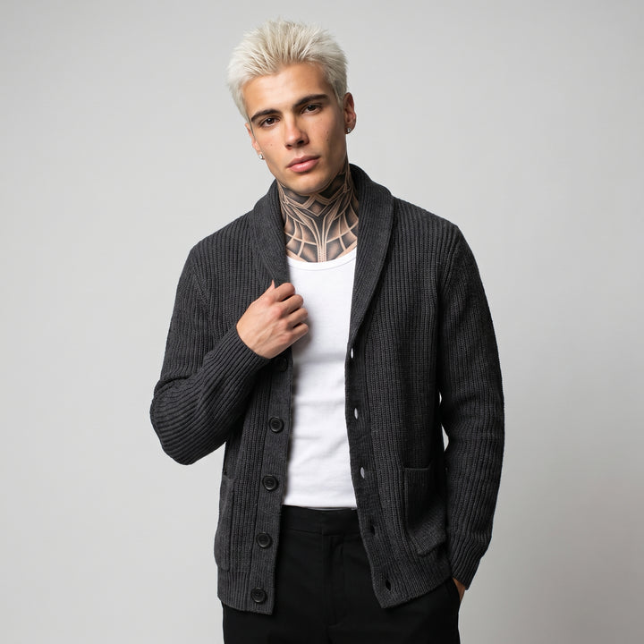 Dama Washington Wyatt men's shawl collar cardigan charcoal gray ribbed knit - model front view