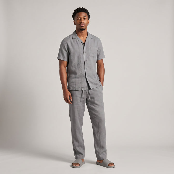 Dama Washington Rhys men's linen pajama set gray short sleeve - model front view