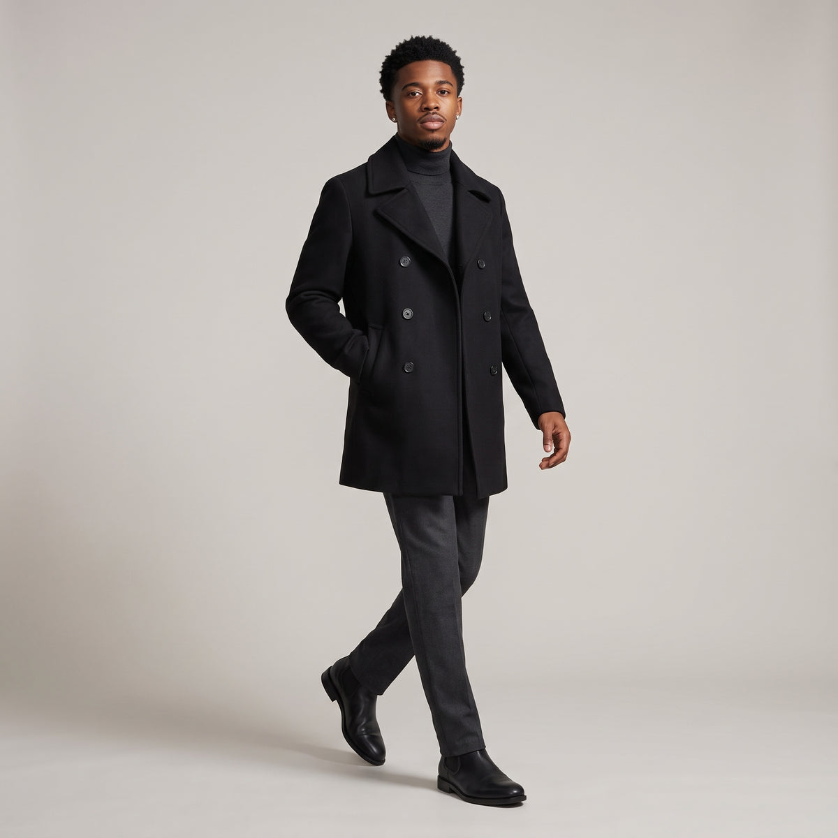 Dama Washington Brent men's double breasted wool pea coat black - full outfit model view