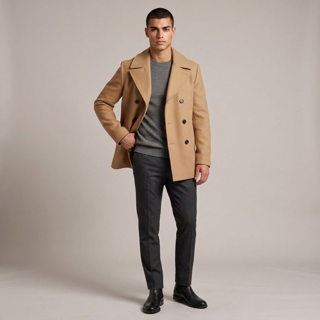 Dama Washington Rhys double breasted wool pea coat Khaki - full outfit model view
