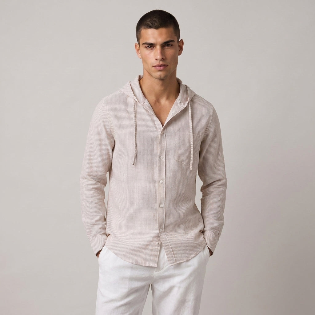 Dama Washington Ezra men's hooded linen shirt Beige - model front view