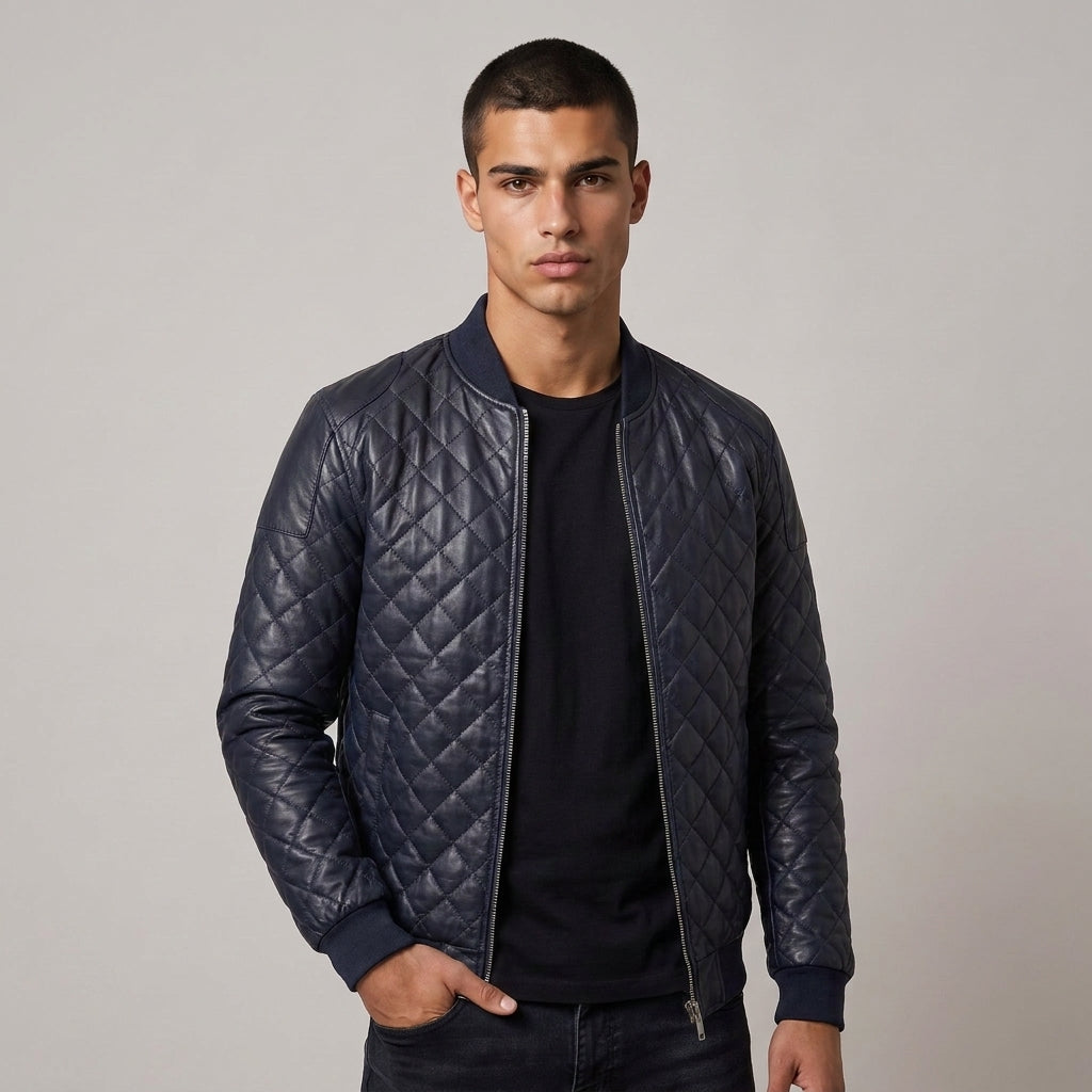 Dama Washington Hugo quilted leather bomber jacket Navy Blue - model front view