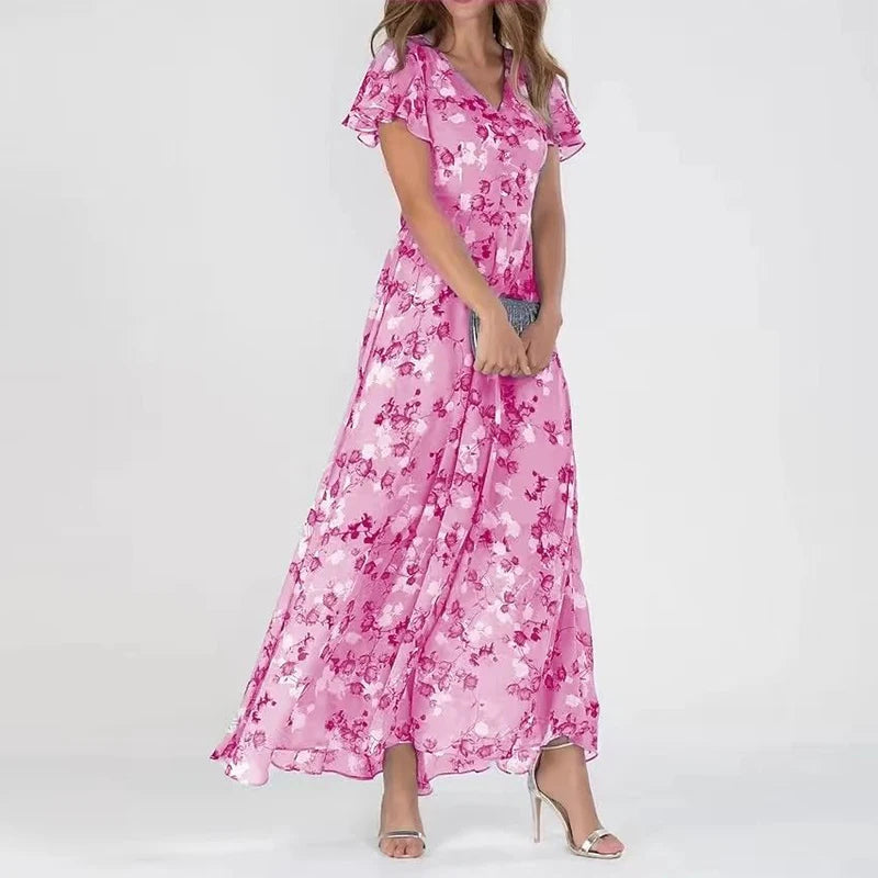 Nina | Women's Floral Maxi Dress Short Sleeve Orange
