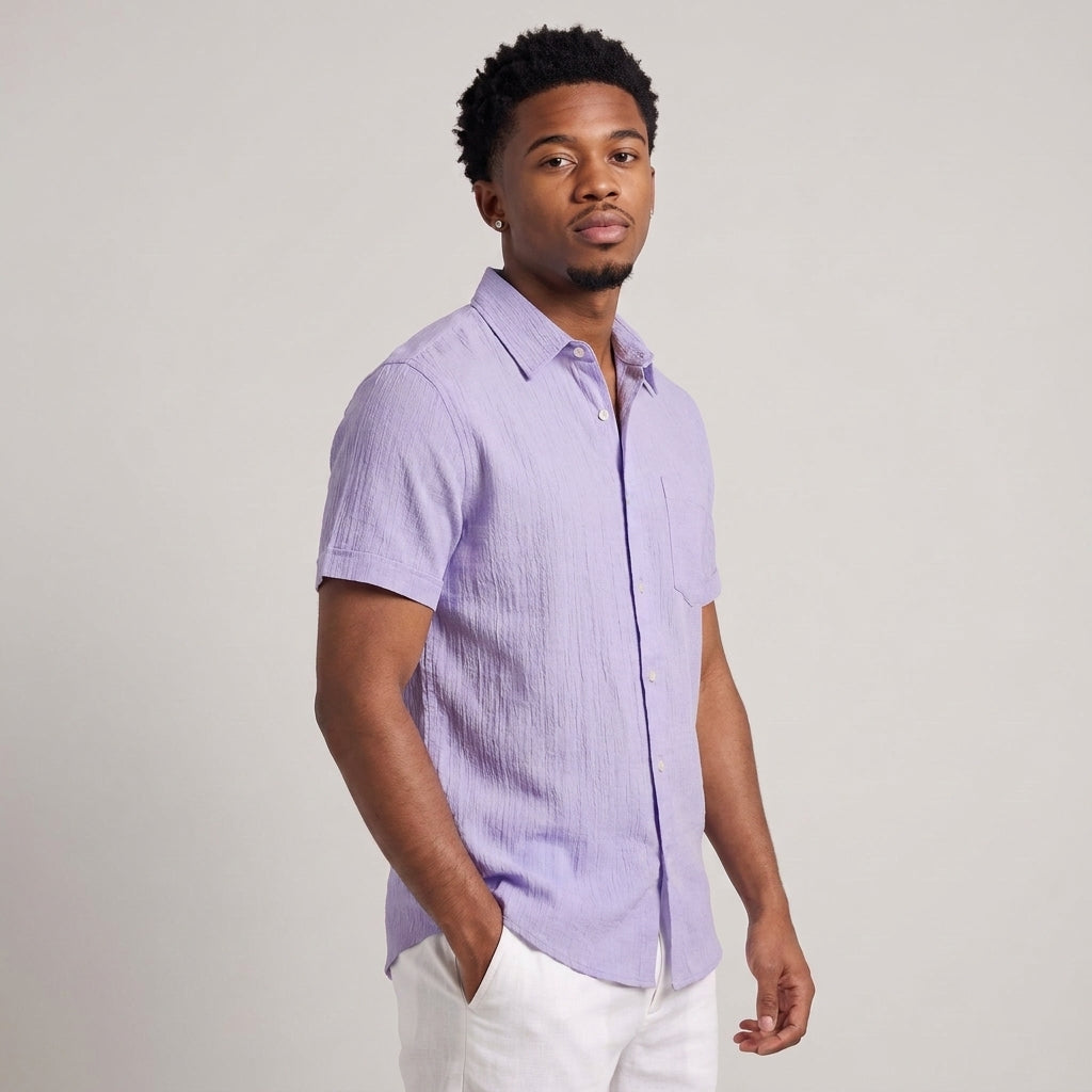 Dama Washington Silas short sleeve linen button up shirt Purple - model front view