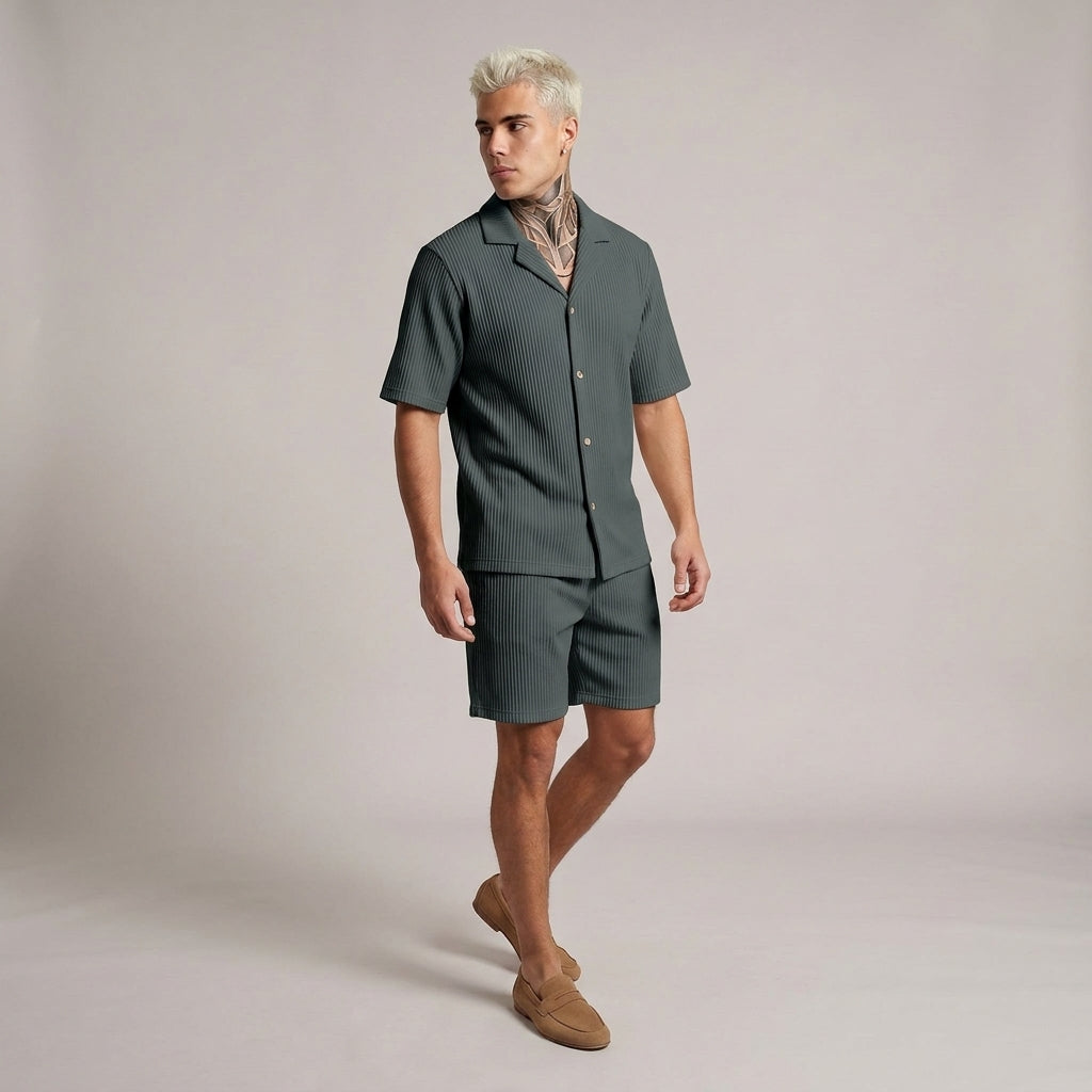 Dama Washington Callum ribbed short sleeve sweatsuit set Dark Grey - full outfit model view