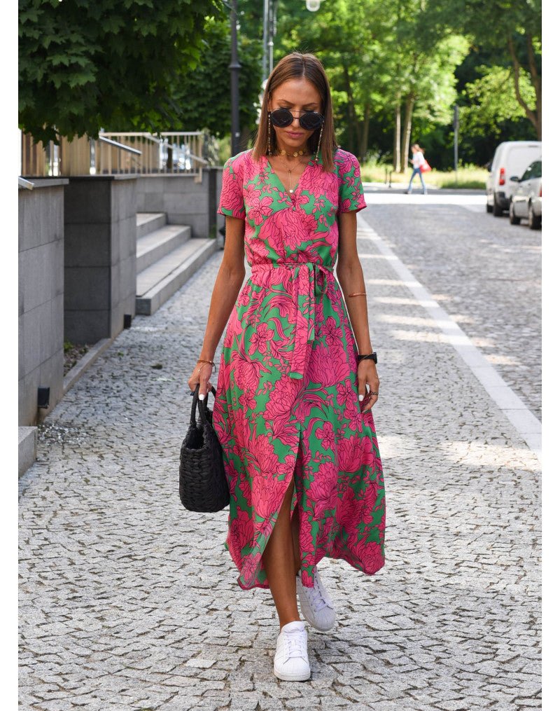 Camille | Women's Wrap Midi Dress Red Blue Floral Short Sleeve