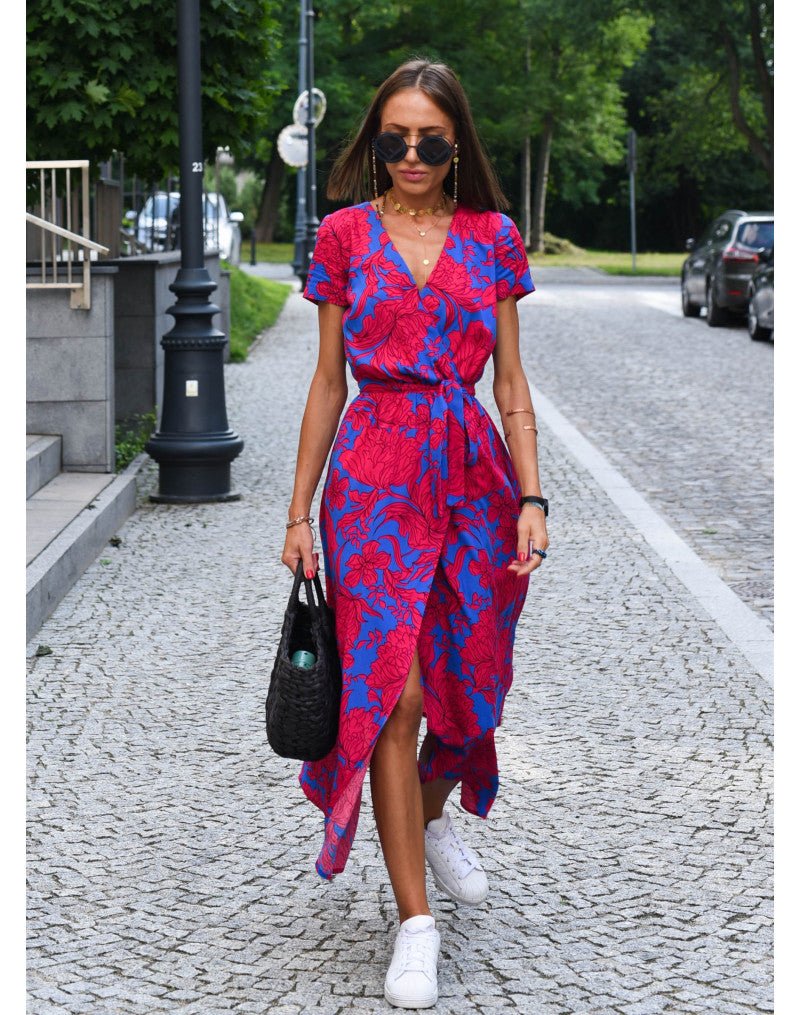 Camille | Women's Wrap Midi Dress Red Blue Floral Short Sleeve