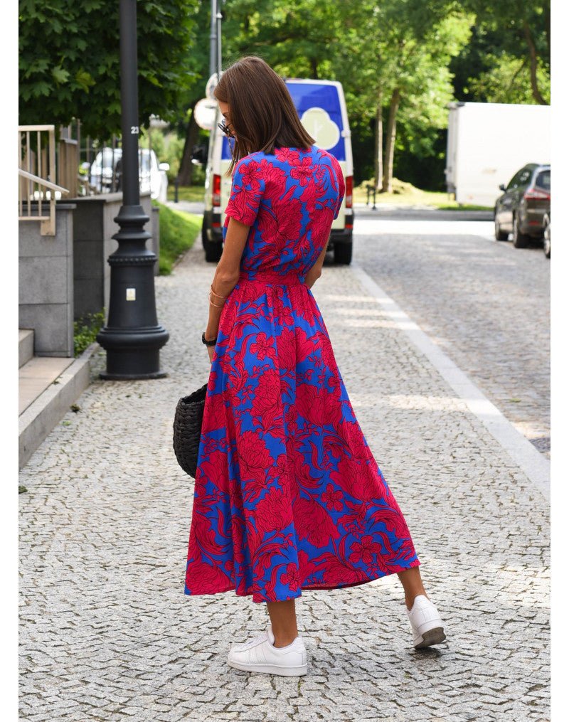 Camille | Women's Wrap Midi Dress Red Blue Floral Short Sleeve