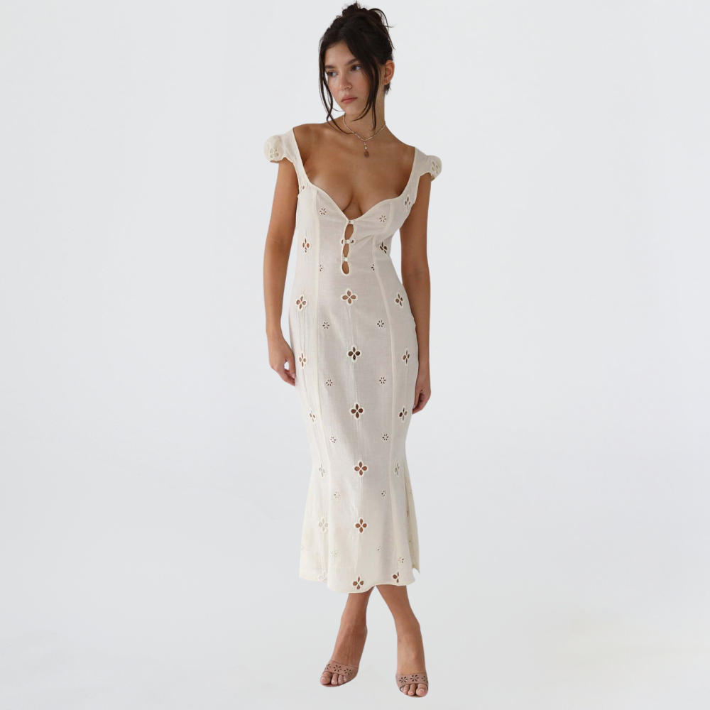 Ember | Women's Eyelet Midi Dress Cream Puff Sleeve