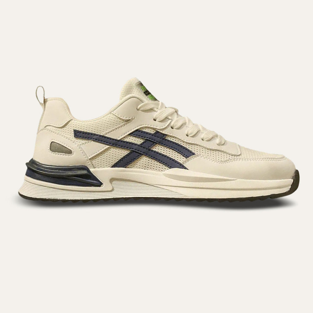 Dama Washington Bram men's cream navy mesh lace up runner sneaker - front view