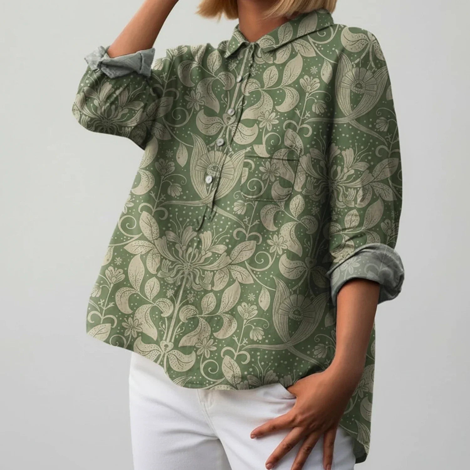Sage | Women's Floral Print Button Down Shirt Green