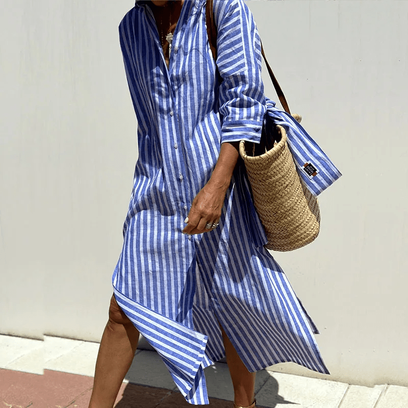 Nola | Women's Striped Button Down Shirt Dress Pink Long Sleeve