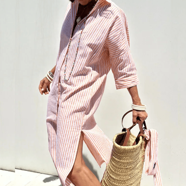 Nola | Women's Striped Button Down Shirt Dress Pink Long Sleeve
