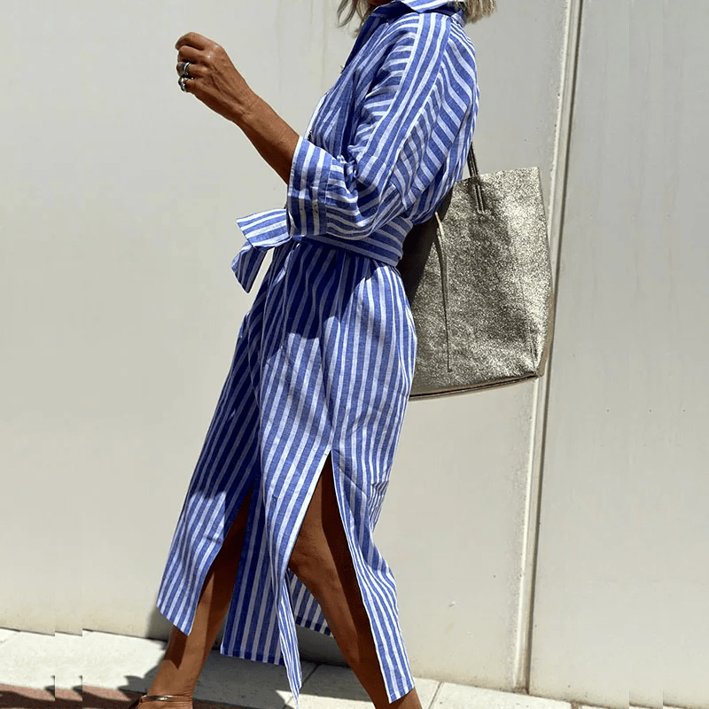 Nola | Women's Striped Button Down Shirt Dress Pink Long Sleeve