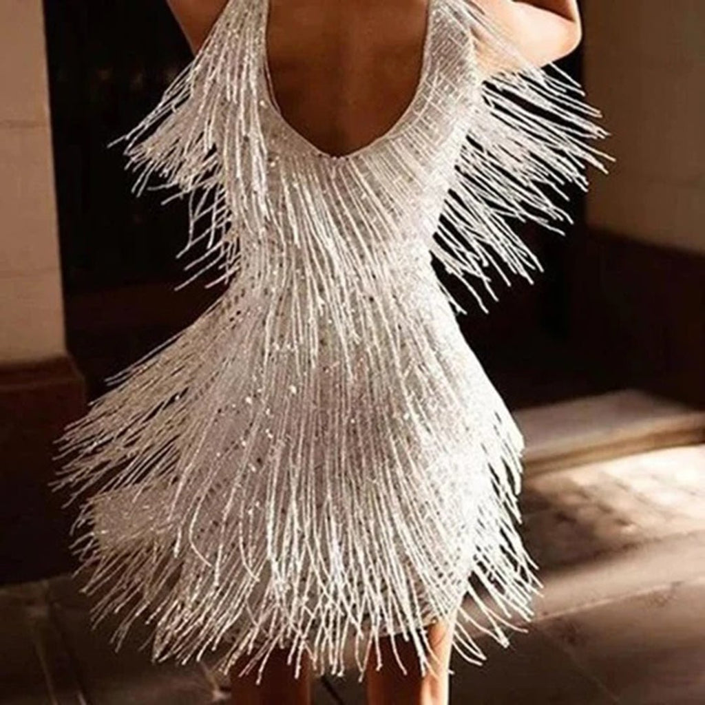 Dama Washington Faye women's sequin fringe midi dress cream v neck - view 9