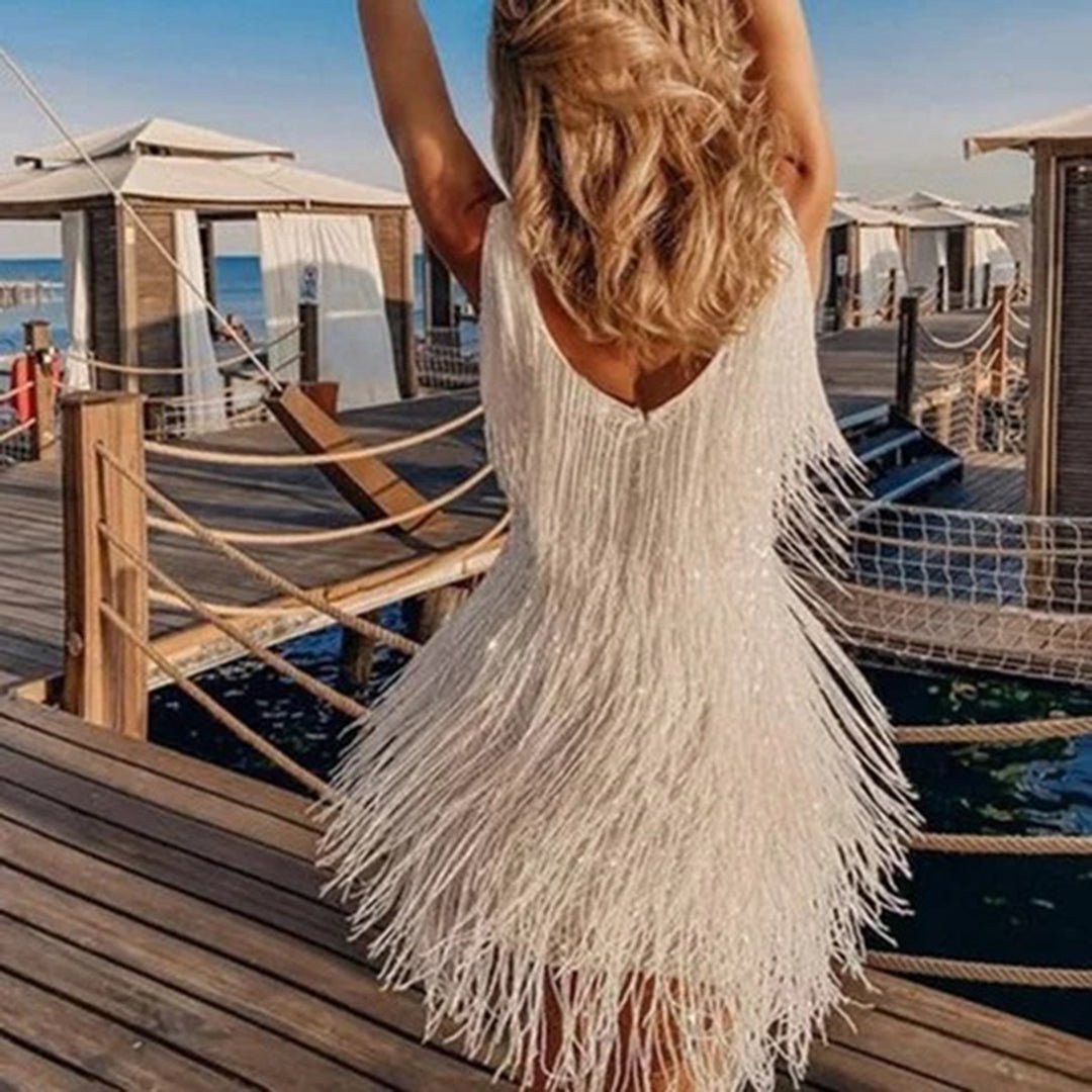 Faye | Women's Sequin Fringe Midi Dress Cream V Neck