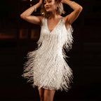 Dama Washington Faye women's sequin fringe midi dress cream v neck - front view