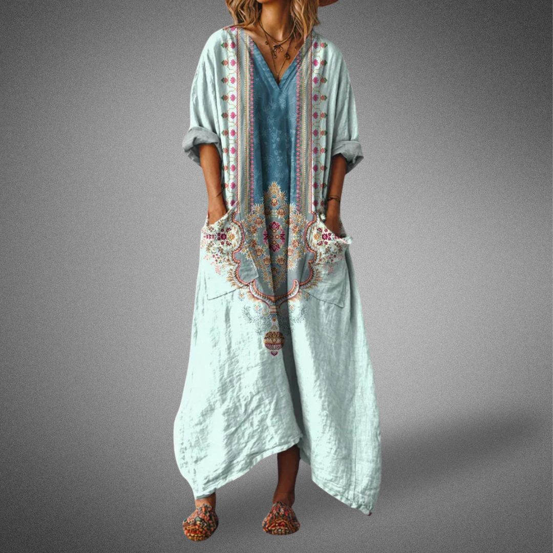 Isla | Women's Boho Floral Maxi Dress Orange V Neck