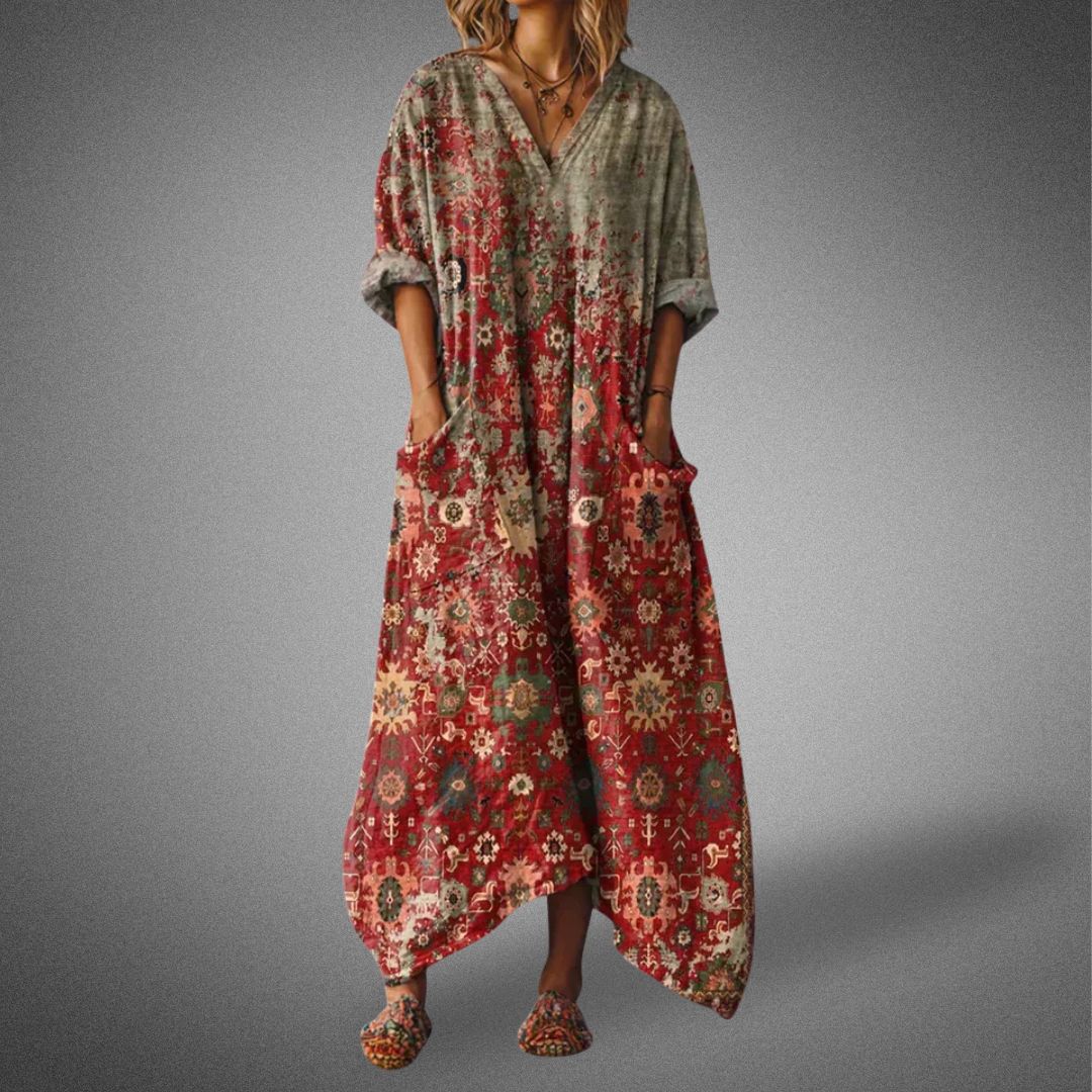 Isla | Women's Boho Floral Maxi Dress Orange V Neck