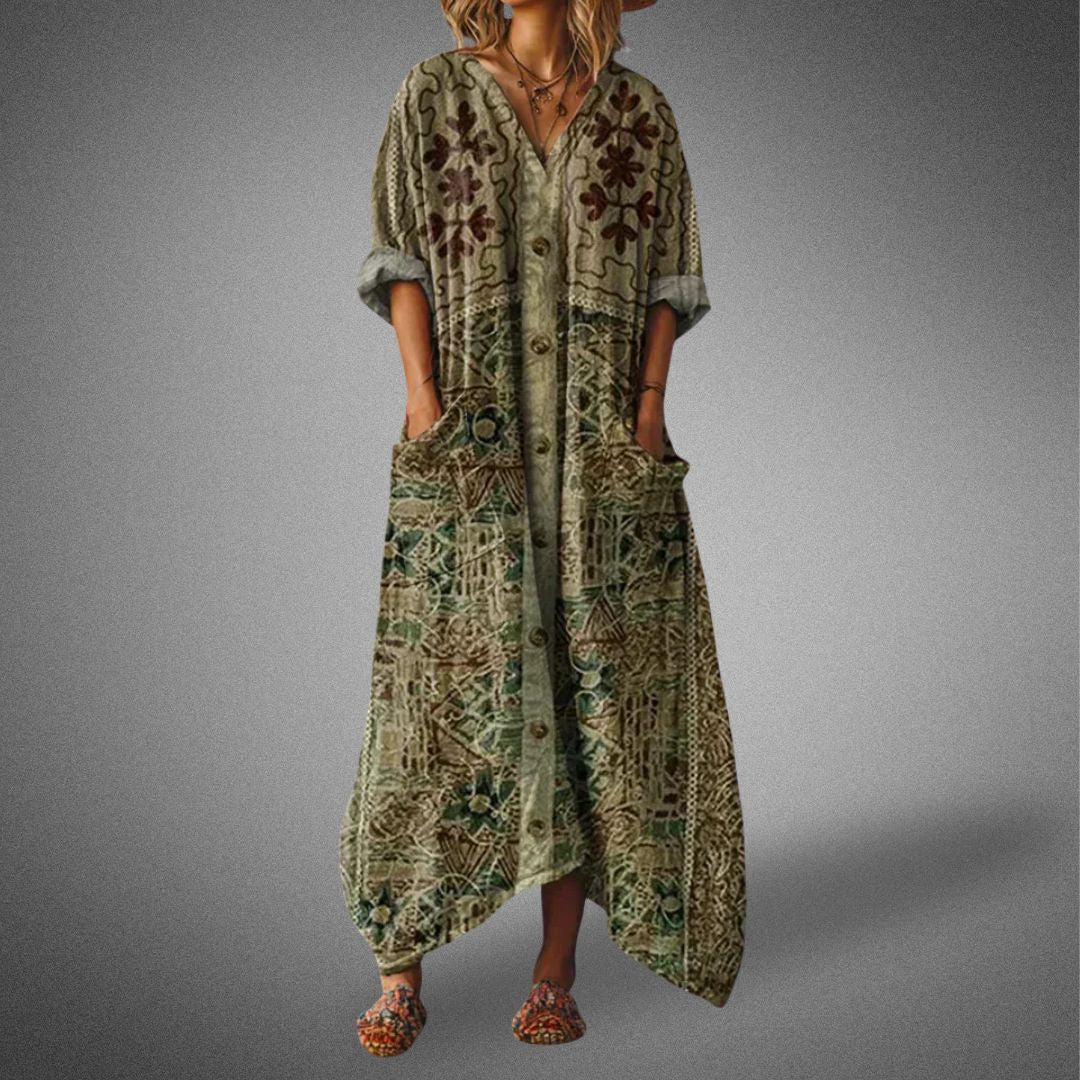 Isla | Women's Boho Floral Maxi Dress Orange V Neck