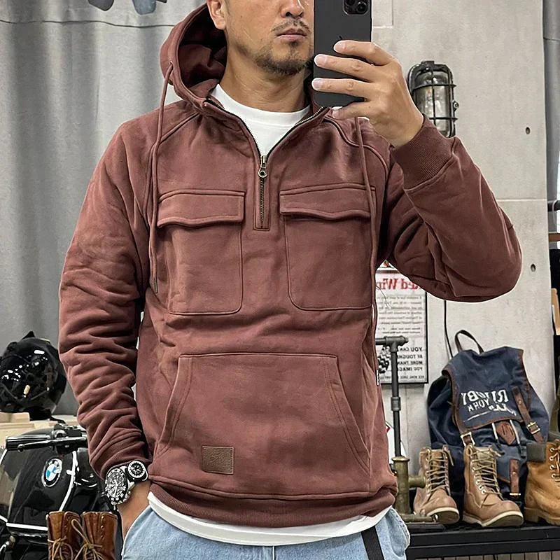 Axel | Men's Cargo Utility Hoodie Olive Green Half Zip Pullover