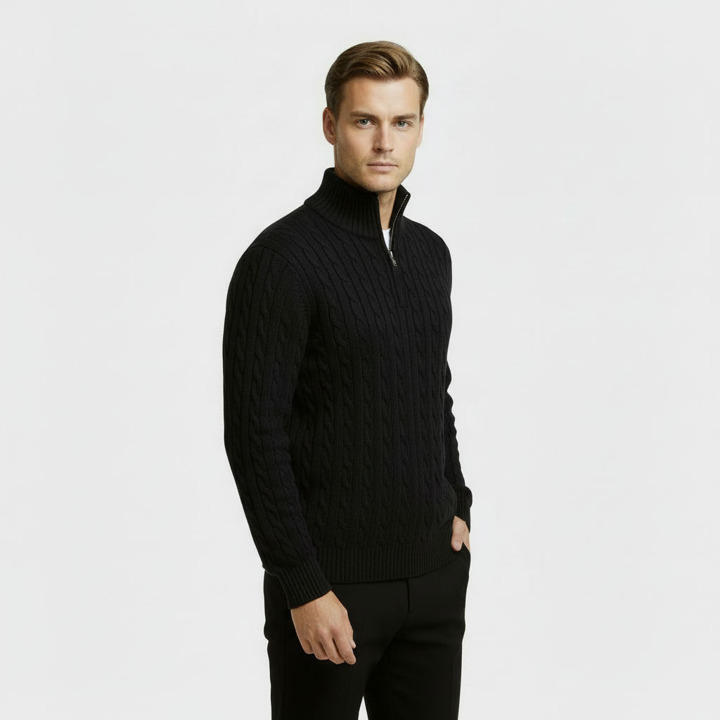 Rex | Men's Cable Knit Quarter Zip Sweater Black